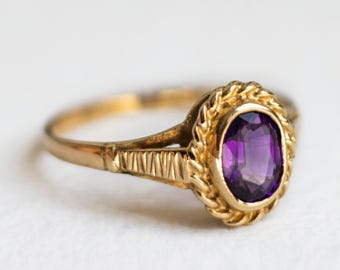 Vintage 9ct yellow gold Solitaire rope ring with Amethyst  - EU Size 17,75