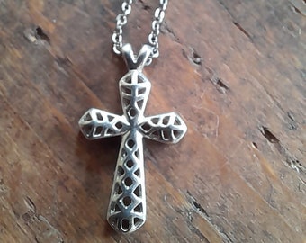 Vintage silver tone cross with very short choker length chain