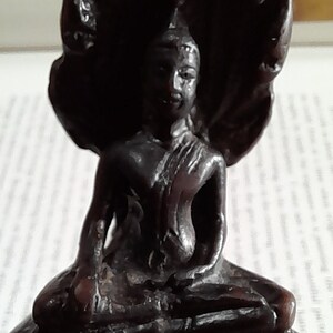 Puede incluir: Una estatua de Buda sentado de color marrón oscuro, detallada, con una capucha de serpiente de varios niveles.