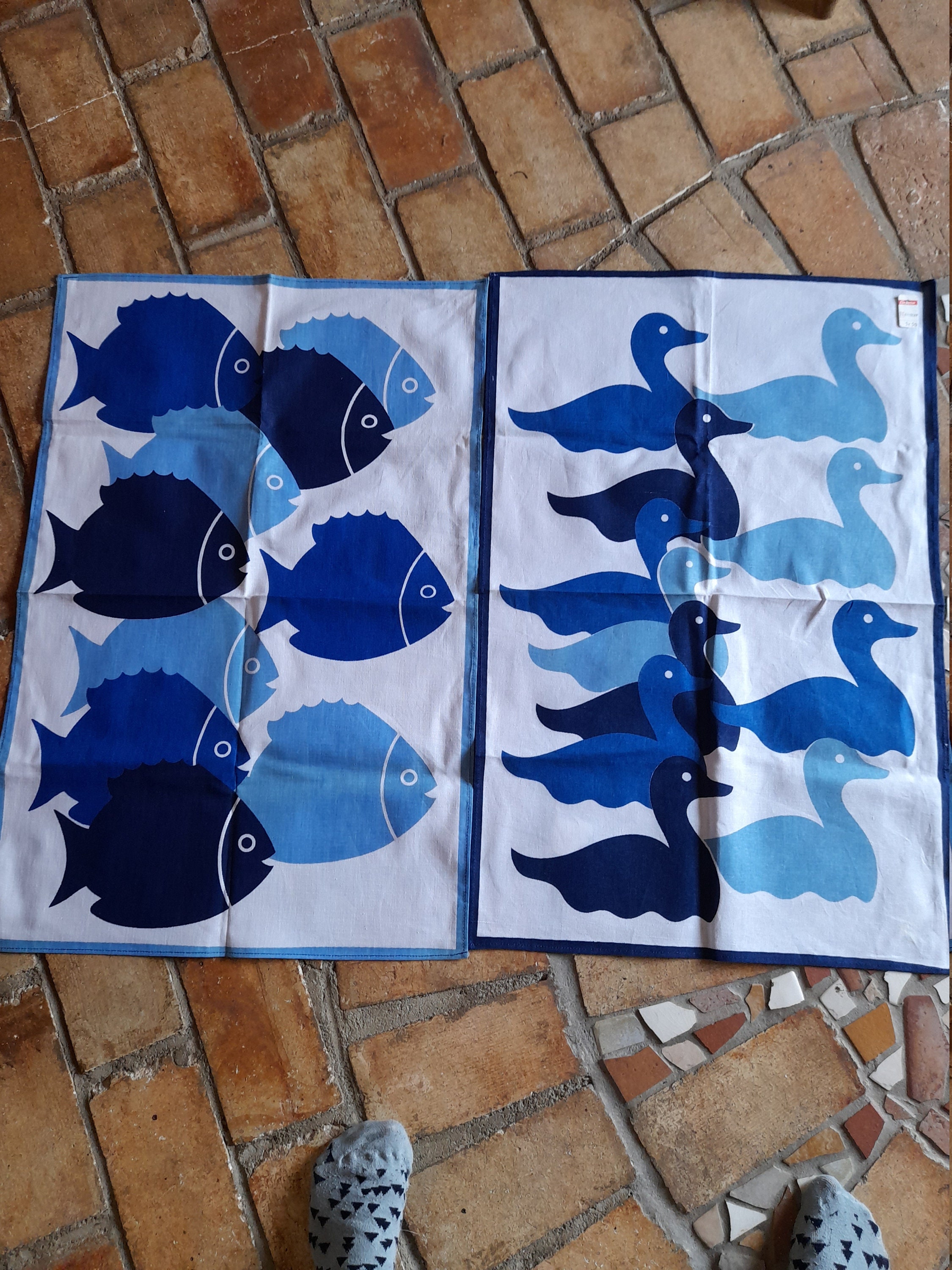 Serviettes de Français Coton Pur avec Des Conceptions Bleues Poissons et Canard