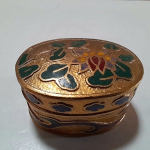 Vintage miniature gold Cloisonne with floral detail collectable pill box