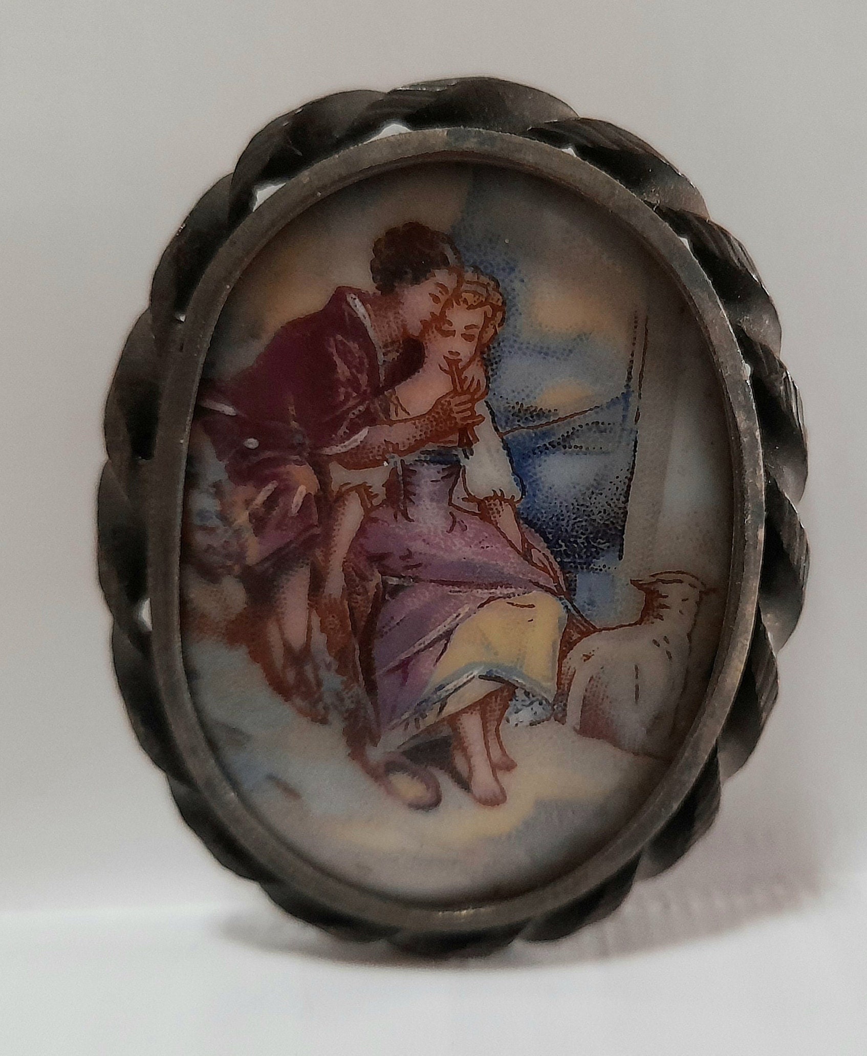 Beautiful antique Limoge porcelain brooch with trombone clasp, collectable