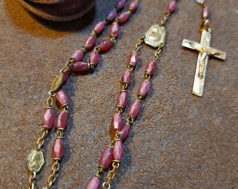 Beautiful vintage Rosary chaplet with glass beads and tiny leather case.box.