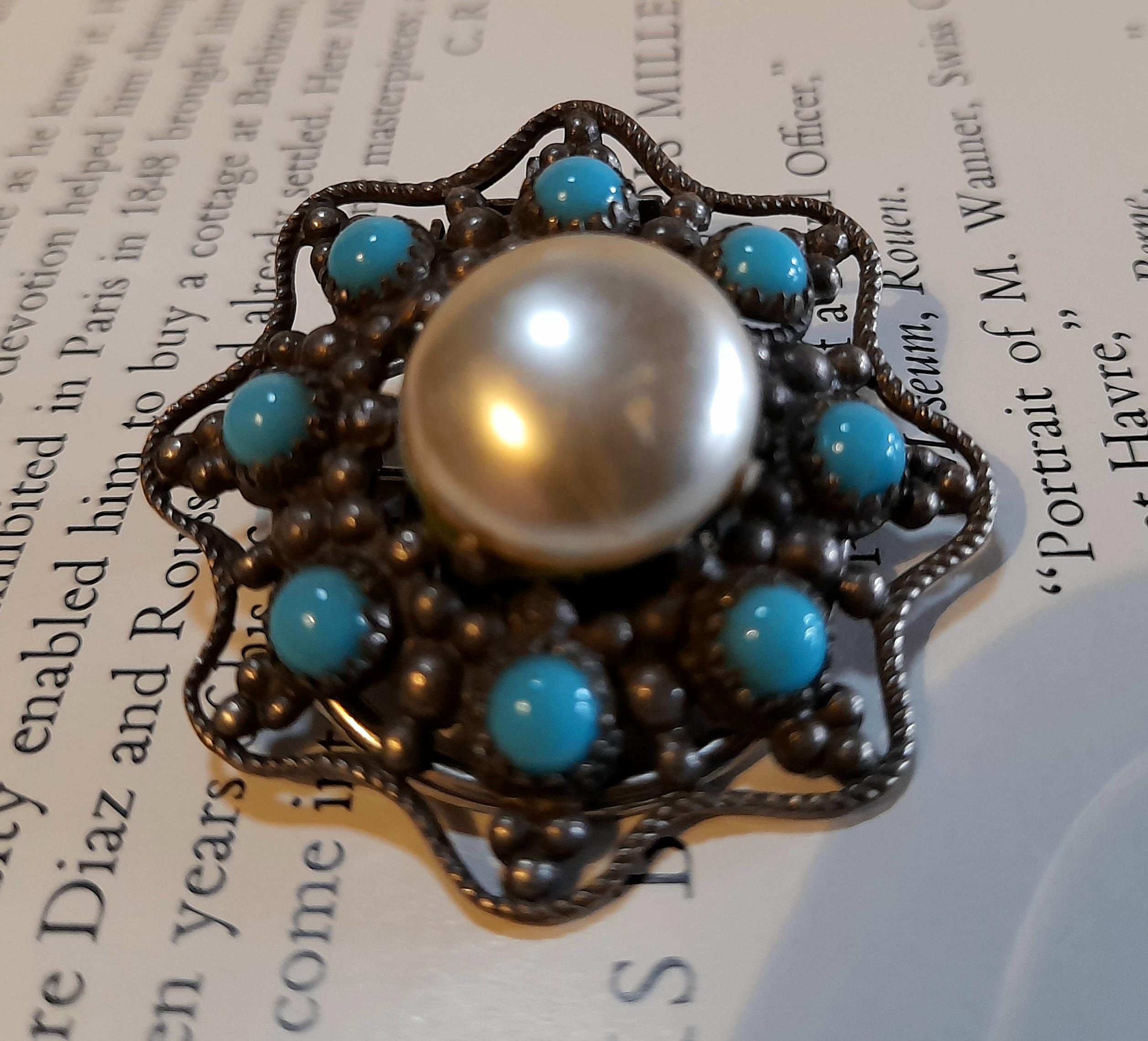 Broche Clip Vintage Dorée SGDG Breveté Strass Bleu Et Turquoise - Occasion Très Bon état