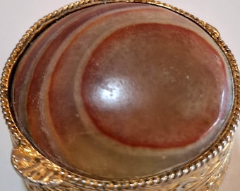 Vintage round natural banded red agate stone and metal pill box, gift, collectable