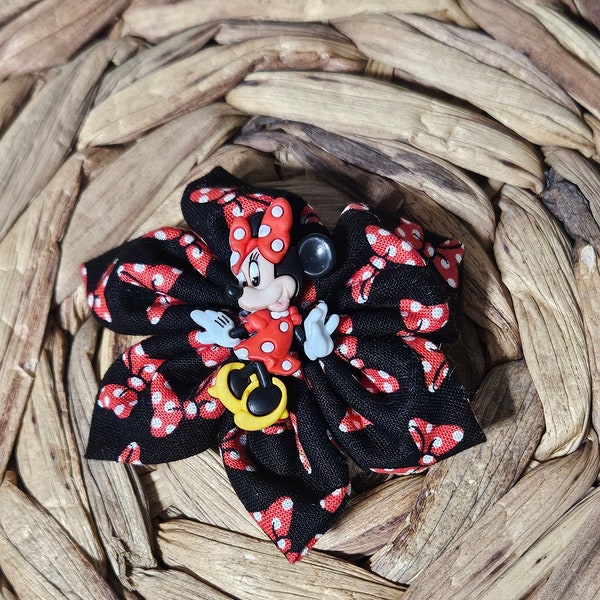 Minnie mouse on blackflower hair bows | Fabric Flower | Hair Accessories | Flower Bow for girls | Minnie Button charm | Disney Hair bows