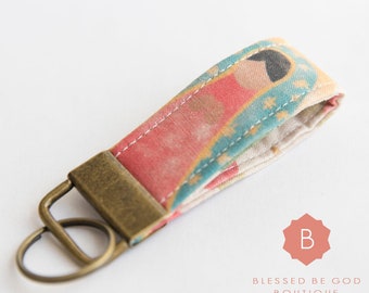 Mini Catholic Fabric Key Fob, Wristlet Key Fob, Red Wrist Keychain, Our Lady of Guadalupe Keyfob, Women's Gift Key Fob, Jesus Keychain Fob