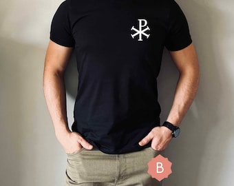 Men's Catholic t-shirt Chi Rho, Embroidered, Unisex Jersey Short Sleeve Tee, Blue Shirt, Christian shirt, Male Clothing, T-shirts