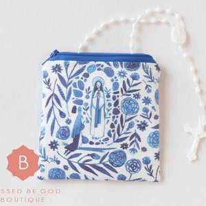 Catholic Coin Purse, Our Lady of Lourdes Purse, Rosary Holder, Coin Holder, Christian, Handmade Pencil Pouch, Blue Purse, White Purse