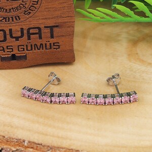Handgemaakte rozenkwarts steen zilveren sieraden oorbel, lineaire hangoorbellen, diamanten zirkonia, tenniscascadeoorbellen, langwerpig hangend