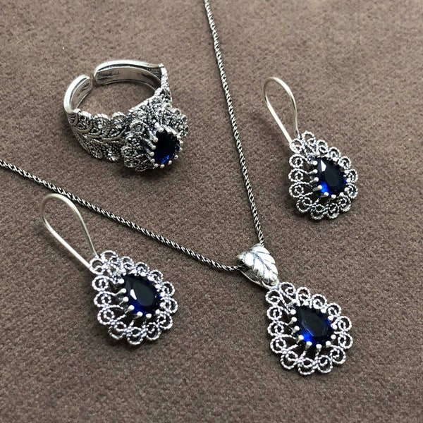Sapphire Stone Oxide Filigree Women Silver Triple Set pour femme, boucle d'oreille, collier, r, ng