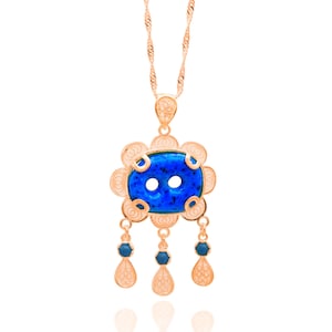 Filigree Handmade Reyyan, Hercai, Syrian, Turquoise Rose Gold Plated 925 Sterling Silver Necklace
