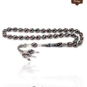 Orjinal Oltu Taşı Tamamı Gümüş İşlemeli Mercan e Firuze Kakmalı Tesbih 201023222