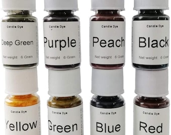 May include: Eight small bottles of candle dye in various colors, including deep green, purple, peach, black, yellow, green, blue, and red. Each bottle contains 6 grams of dye.