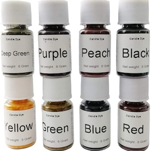 May include: Eight small bottles of candle dye in various colours, including deep green, purple, peach, black, yellow, green, blue, and red. Each bottle contains 6 grams of dye.