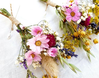 Dried Flower Buttonhole , Boutonniere with Pastel Pink Daises , Lavender , Magenta Clovers- Made in the UK- Wildflower Fields Collection