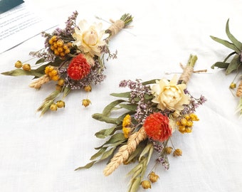 Dried Flower Buttonhole in Coral , Yellow , Lilac , White and Green , Boutonniere with Eucalyptus , Paradise Garden Collection