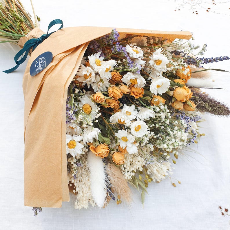 Dried Flower Spring Bouquet – Yellow Roses, Dried Daisies, Sea Lavender & Bunny Tails: Cottage Garden image 1