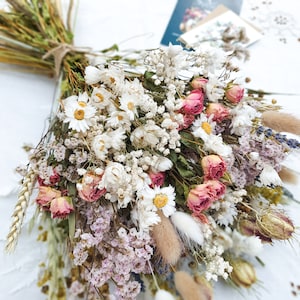 Large Dried Flower Bouquet Pink, Arrangement with Roses, Daisies, Sea Lavender, Ivory Ruscus Foliage- Cottage Garden Collection