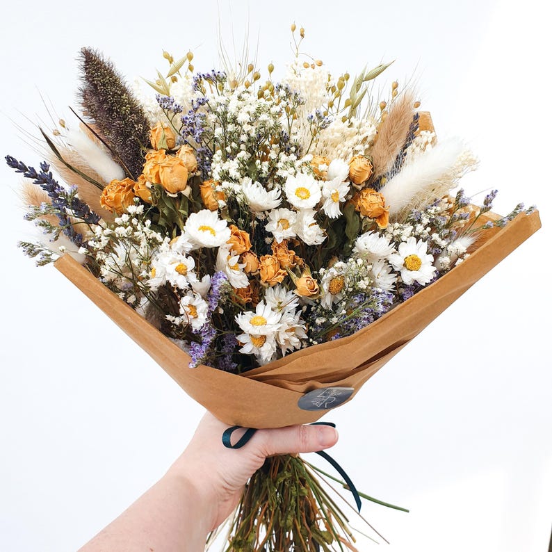 Dried Flower Spring Bouquet – Yellow Roses, Dried Daisies, Sea Lavender & Bunny Tails: Cottage Garden image 5