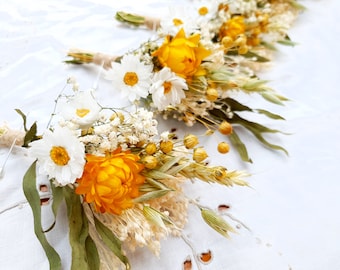 Dried Flower Buttonhole in Yellow , Green and White , Boutonniere with Strawflowers ,  Daisies , Eucalyptus , Summer Gold