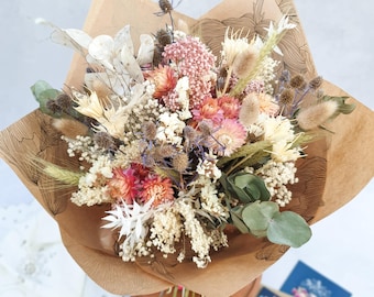 Handmade Pastel Dried Flower Bouquet – Pink Flowers, Eucalyptus, Grasses, Blue Thistles, Meadow-Inspired