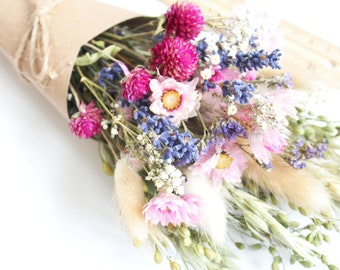 Dried flower bouquet Pink, with Clove flowers, English Lavender & Lagurus Bunny Tails, Wildflower Meadow