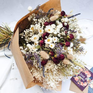 Large Dried Flower Bouquet Burgundy Red with Roses, Daisies, Sea Lavender & Ivory Ruscus
