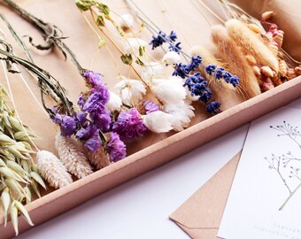 Dried letterbox flowers / Dried Flower Bouquet / Purple / Statice,  English Lavender, Daises Lagurus Bunny Tails / "Wild Lavender"