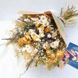 Dried Flower Bouquet with Yellow Roses, Daisies, Foliage & English Lavender for Weddings or Gifting image 3