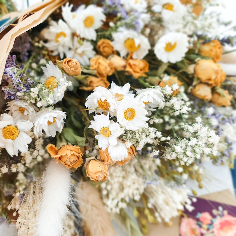 Dried Flower Spring Bouquet – Yellow Roses, Dried Daisies, Sea Lavender & Bunny Tails: Cottage Garden image 2