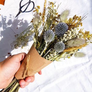 Dried Flower Bouquet in Soft Blue, White & Green with Echinops Thistles and Gypsophila