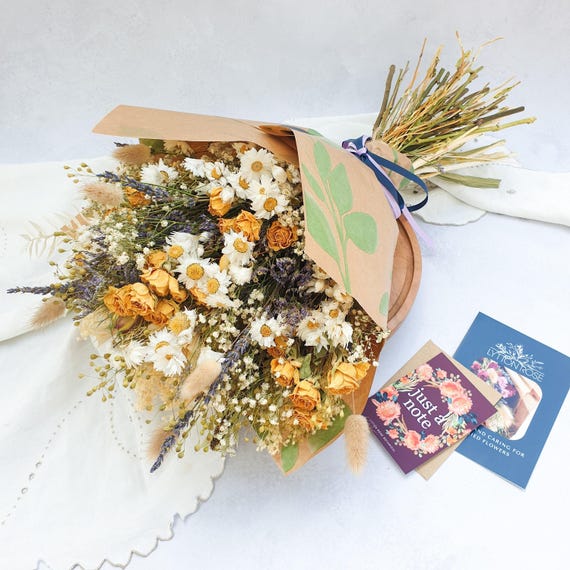 Dried Flower Bouquet with Yellow Roses, Daisies, Foliage & English Lavender for Weddings or Gifting