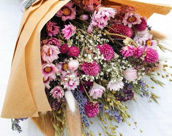 Dried flower bouquet- Pink and Magenta with Clover flowers, Lavender, Daisies & Lagurus: "Wildflower Meadows"