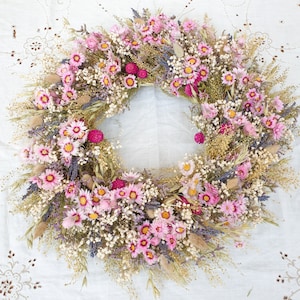Pretty Dried Flower Door Wreath in Pastel Tones, Pink and Green, Lilac and Purple - Sustainable and Handmade (45cm) - 'Wildflower Meadows'