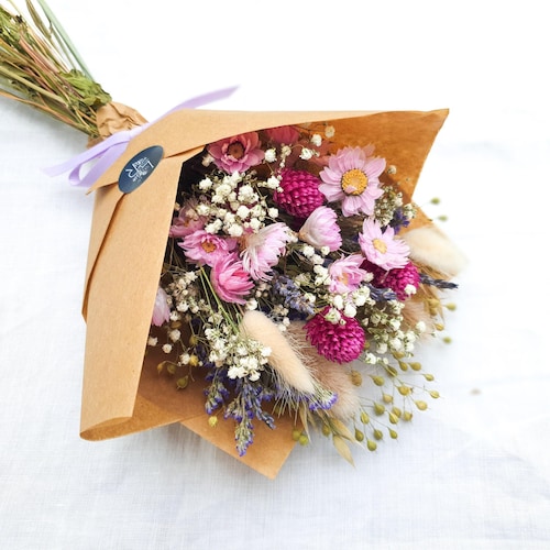 Dried flower bouquet Pink, with Clove flowers, English Lavender & Lagurus Bunny Tails, Wildflower Meadow