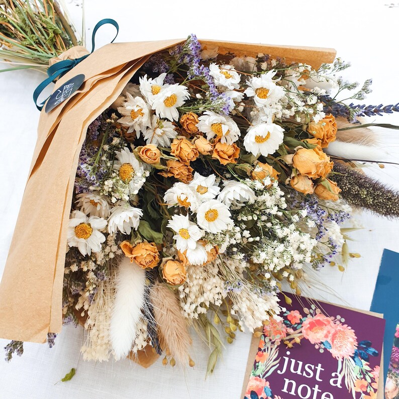 Dried Flower Spring Bouquet – Yellow Roses, Dried Daisies, Sea Lavender & Bunny Tails: Cottage Garden image 3