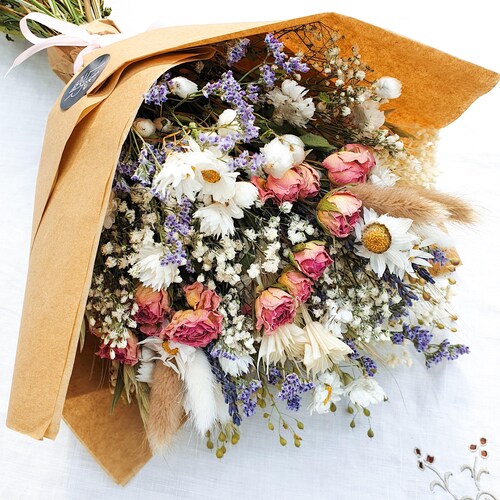 Dried Flower Bouquet with Pink Roses, Dried Daisies, Sea Lavender & Bunny Tails, "Cottage Garden" Dried Flower Arrangement