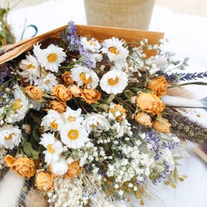 Dried Flower Spring Bouquet – Yellow Roses, Dried Daisies, Sea Lavender & Bunny Tails: Cottage Garden image 7