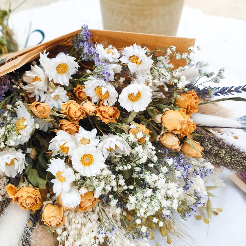 Dried Flower Spring Bouquet – Yellow Roses, Dried Daisies, Sea Lavender & Bunny Tails: Cottage Garden image 7