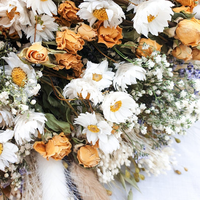 Dried Flower Spring Bouquet – Yellow Roses, Dried Daisies, Sea Lavender & Bunny Tails: Cottage Garden image 6