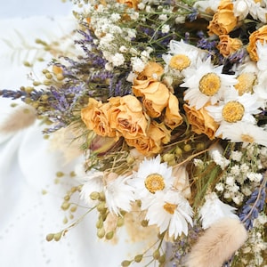 Dried Flower Bouquet with Yellow Roses, Daisies, Foliage & English Lavender for Weddings or Gifting image 5