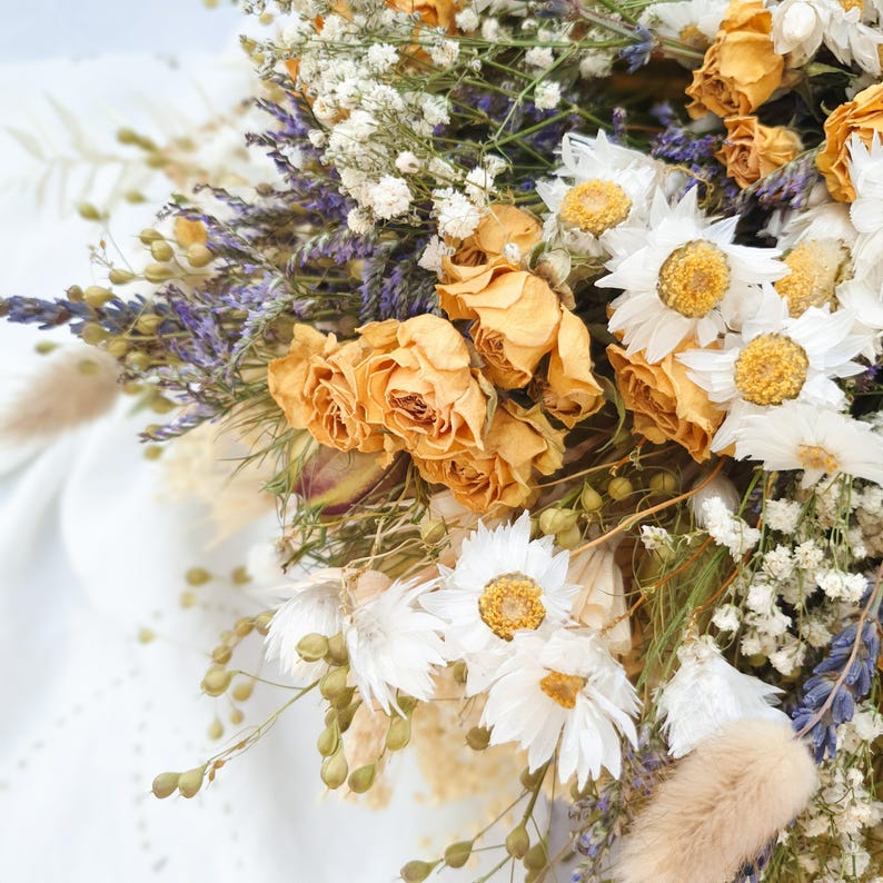 Dried Flower Bouquet with Yellow Roses, Daisies, Foliage & English Lavender for Weddings or Gifting image 5