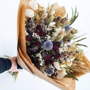 Dried Flower Bouquet in Red , White & Blue: Roses, Dried Eucalyptus , Lunaria Honesty, Thistles