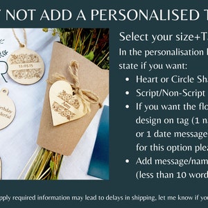 Text with image showing a small wooden gift tag which reads Amy. Why not add a personalised tag? Select your size and tag. Let me know if you want a heart or circle shape script or plain font and short message.