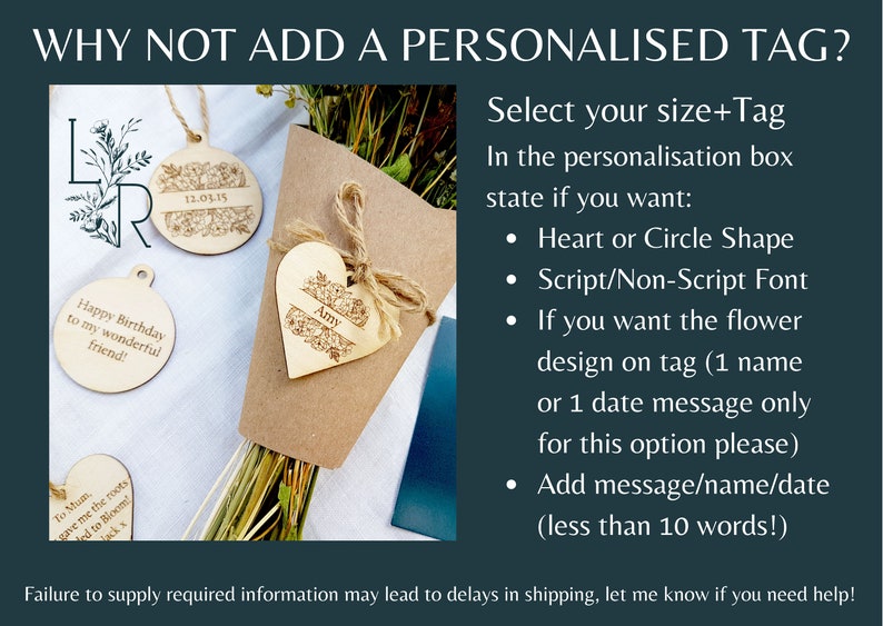 Text with image showing a small wooden gift tag which reads Amy. Why not add a personalised tag? Select your size and tag. Let me know if you want a heart or circle shape script or plain font and short message.