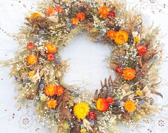 Rustic Dried Flower Door Wreath in Autumn Tones of Browns, Blues, Orange& Yellows - Sustainable and Handmade (45cm) - 'Woodland Spice'