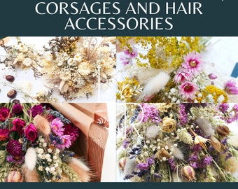 Dried Wedding Flowers Matching Items- Buttonholes, Wrist Corsages, Hair Pins and Combs