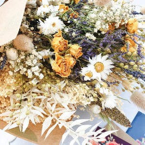 Dried Flower Bouquet with Yellow Roses, Daisies, Foliage & English Lavender for Weddings or Gifting image 2