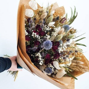 Dried Flower Bouquet in Red , White & Blue. Valentines Arrangement with Roses, Green Dried Eucalyptus , Silver Lunaria Honesty and Thistles